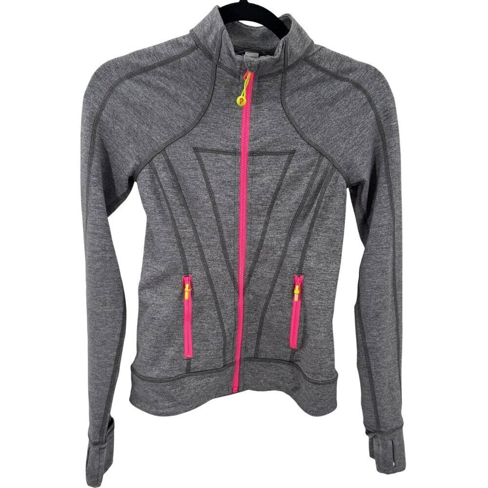 Ivivva By Lululemon Girls Grey Full Zip Jacket W/ Pink Accents Thumb Holes Sz 12